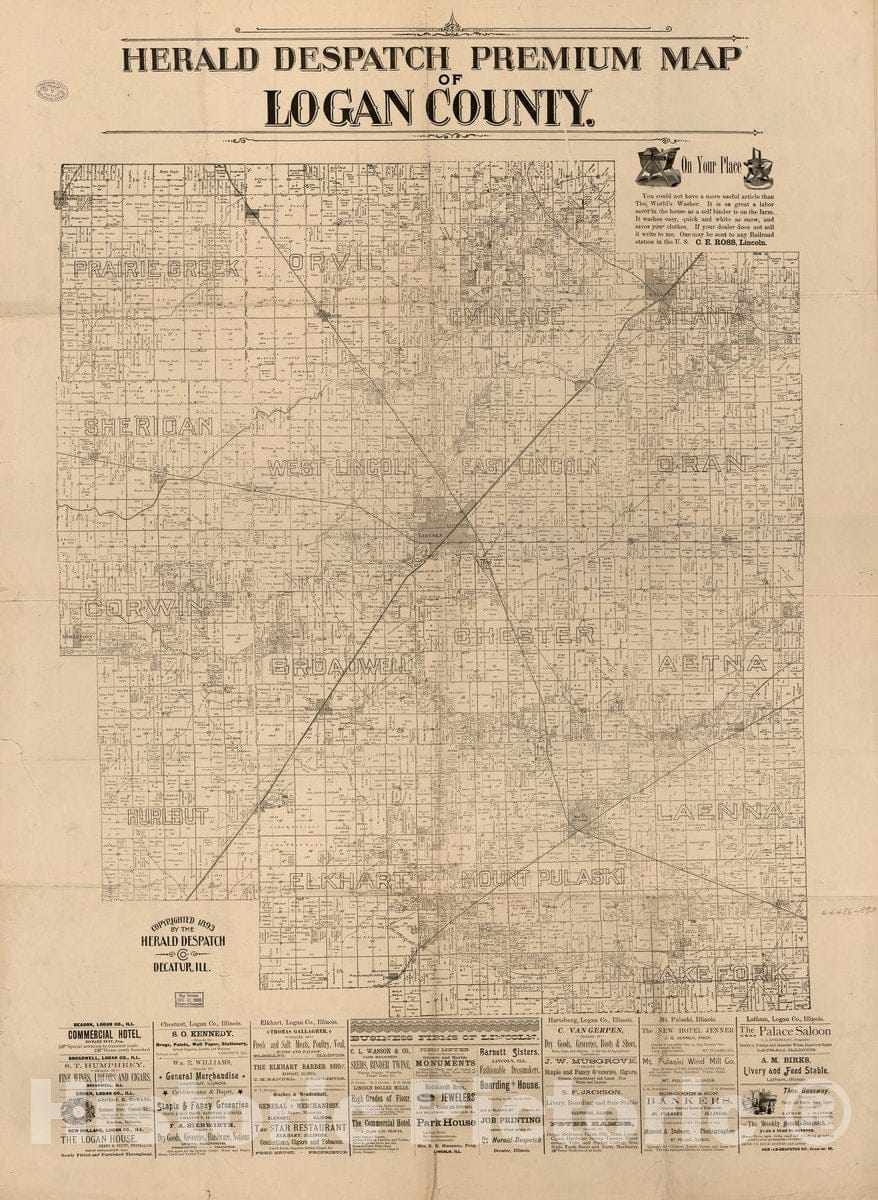 Historic 1861 Map - Herald Despatch Premium Map of Logan County.