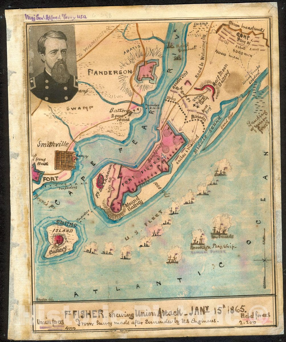 Historic 1865 Map - Ft. Fisher shewing sic Union Attack, Jany 15th 1865 from Survey Made After Surrender by U.S. Engineers.