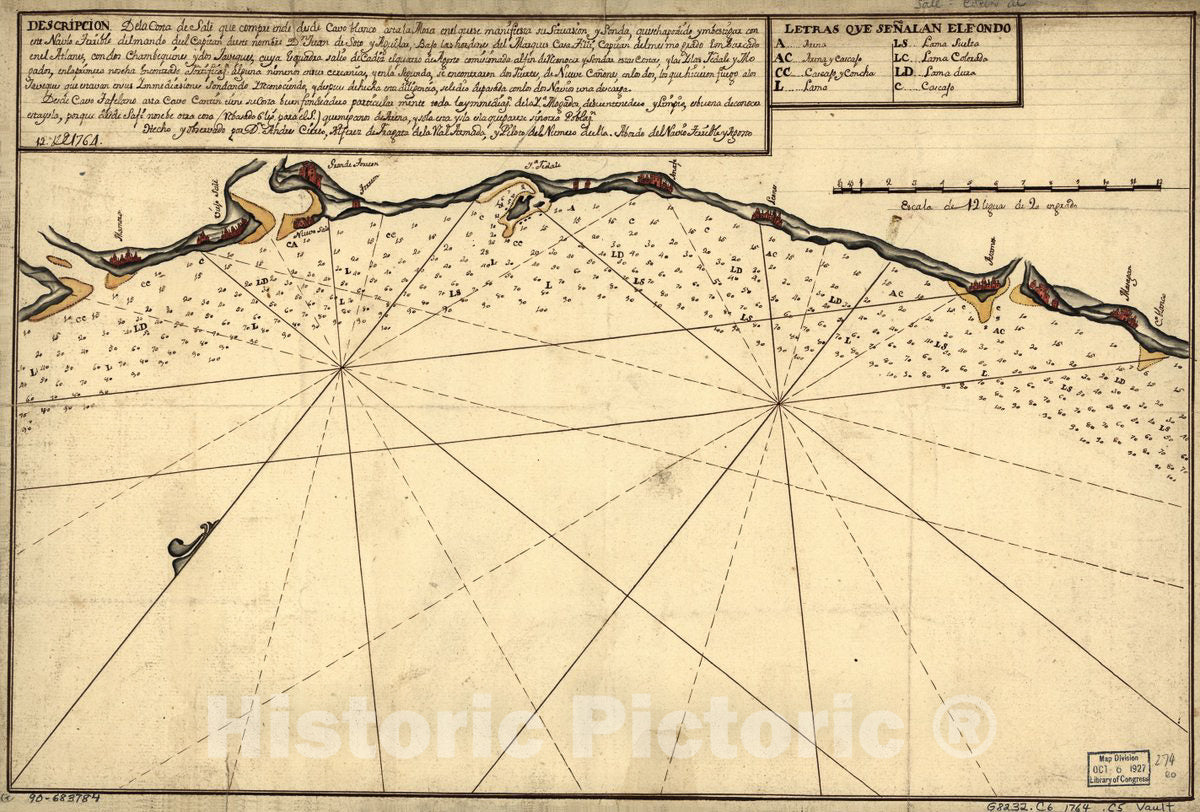 Historic 1764 Map - DescripciÃ³n de la Costa de SalÃ© que comprende Desde Cavo Blanco