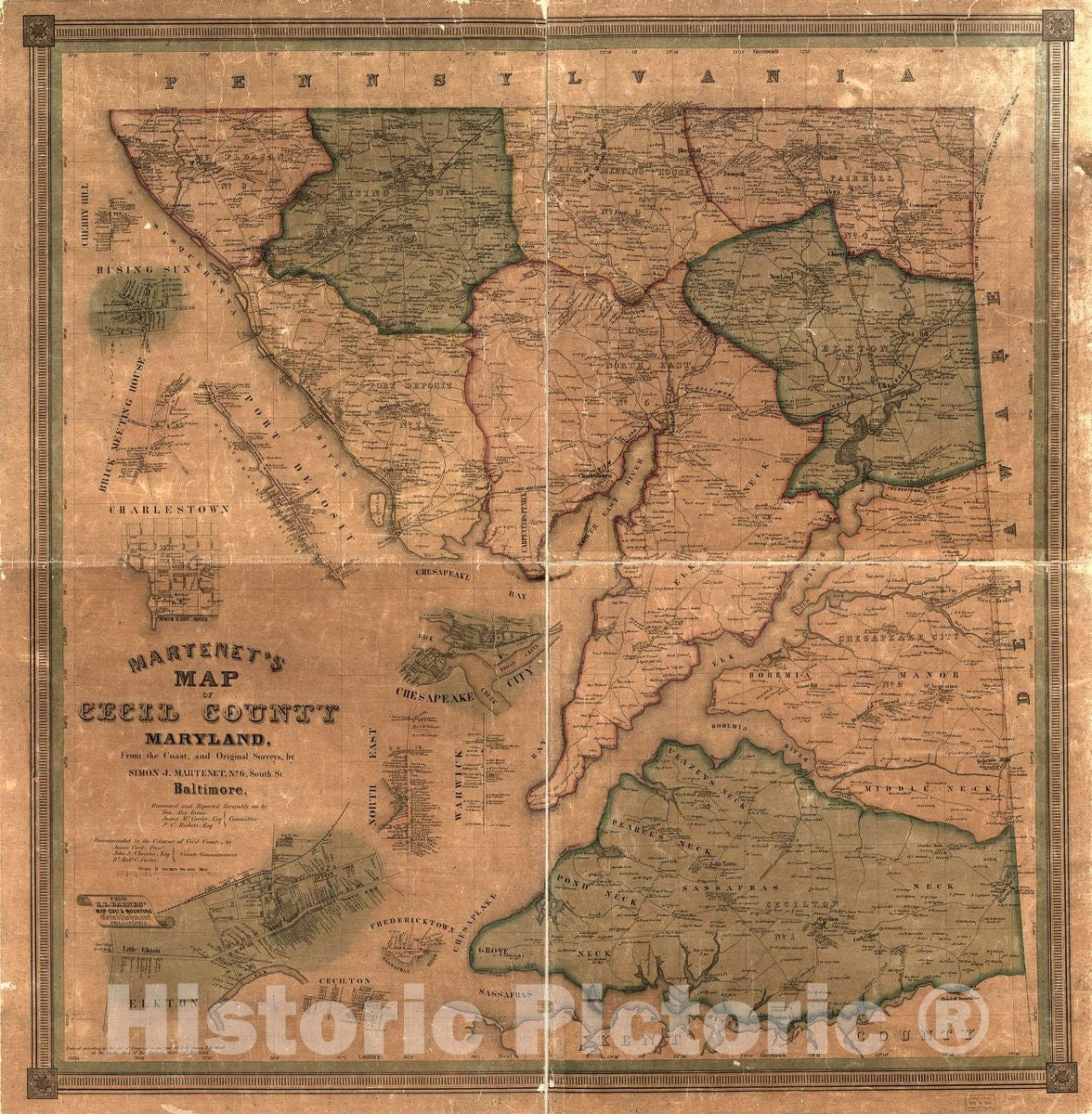 Historic 1858 Map - Martenet's Map of Cecil County, Maryland : from The Coast, and Original surveys