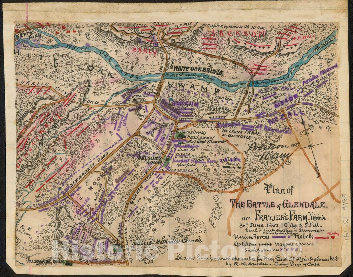 Historic 1862 Map - Plan of The Battle of Glendale or Frazier's Farm. Virginia. 30th June 1862 10 a.m. to 5 p.m. Genl Heintzelman and Sumner Commanding.