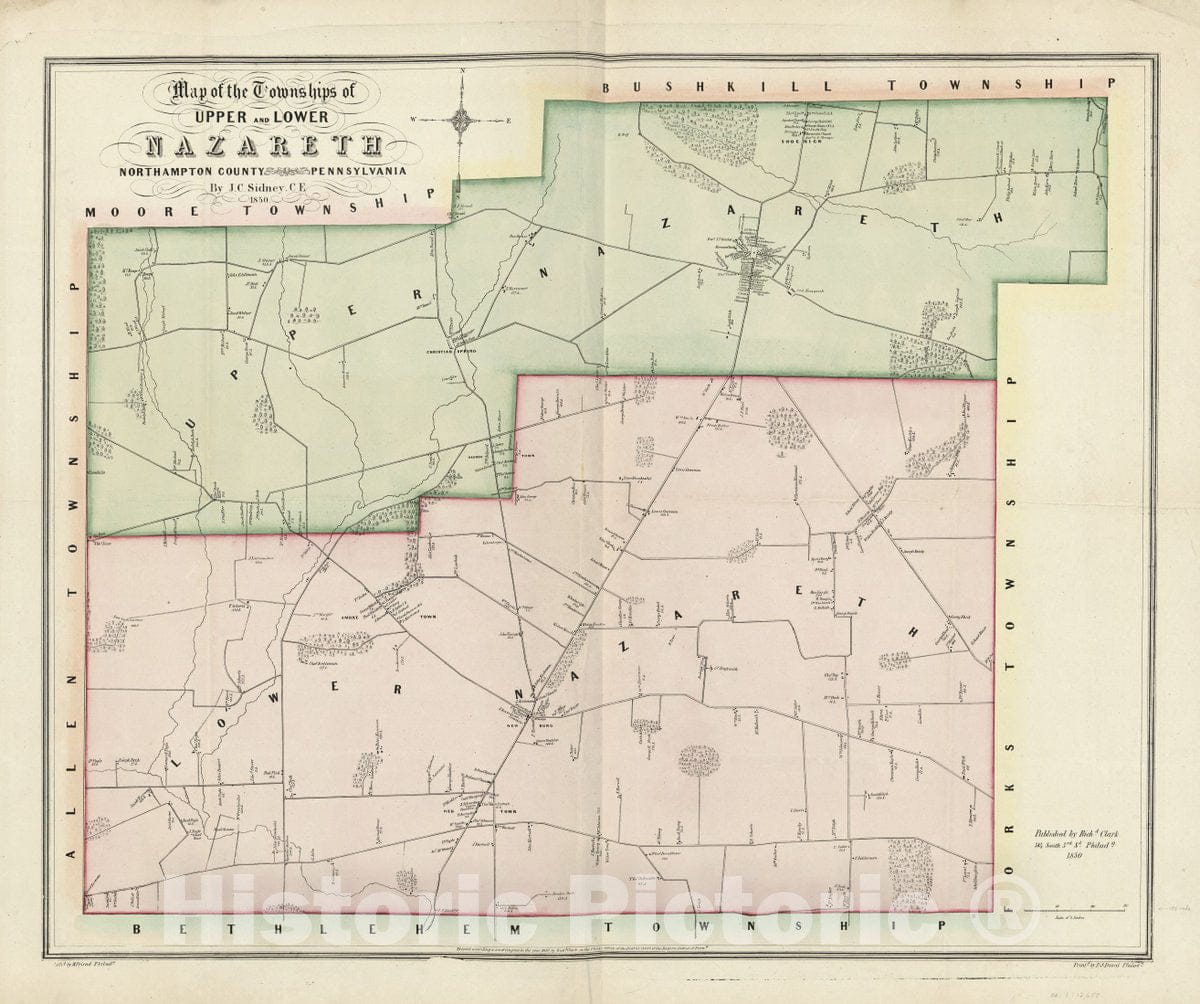 Historic 1850 Map - Map of The townships of Upper and Lower Nazareth, Northampton County, Pennsylvania