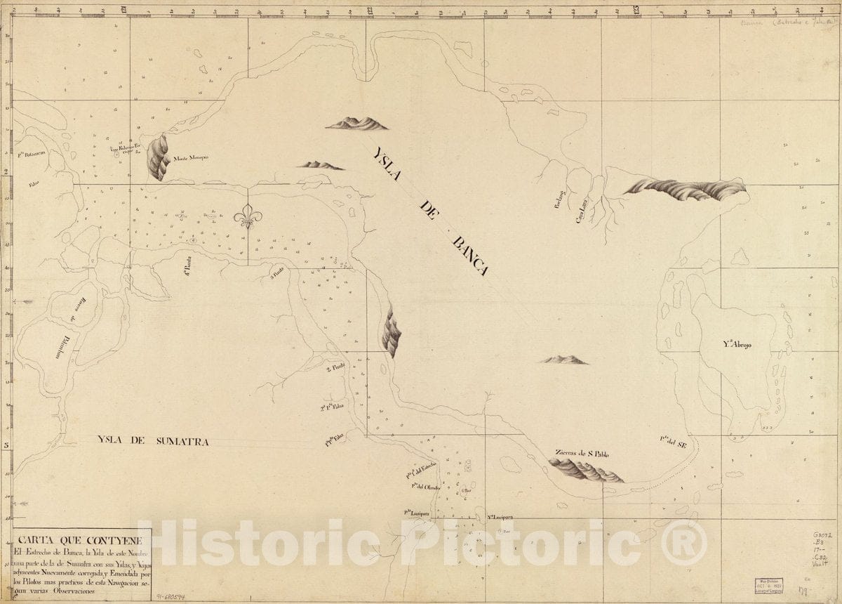 Historic 1700 Map - Carta que contyene el Estrecho de Banca, la ysla de este nombre, UNA Parte de la de Sumatra con sus yslas y vajos adyacentes nuevamente correjida
