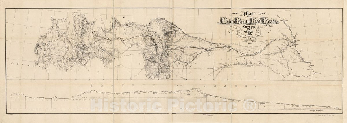Historic 1869 Map - Map of The Union Pacific Rail Road and surveys of 1864, 65, 66, 67, 1868 from Missouri River to Humboldt Wells, G.M. Dodge, Chief Engineer.