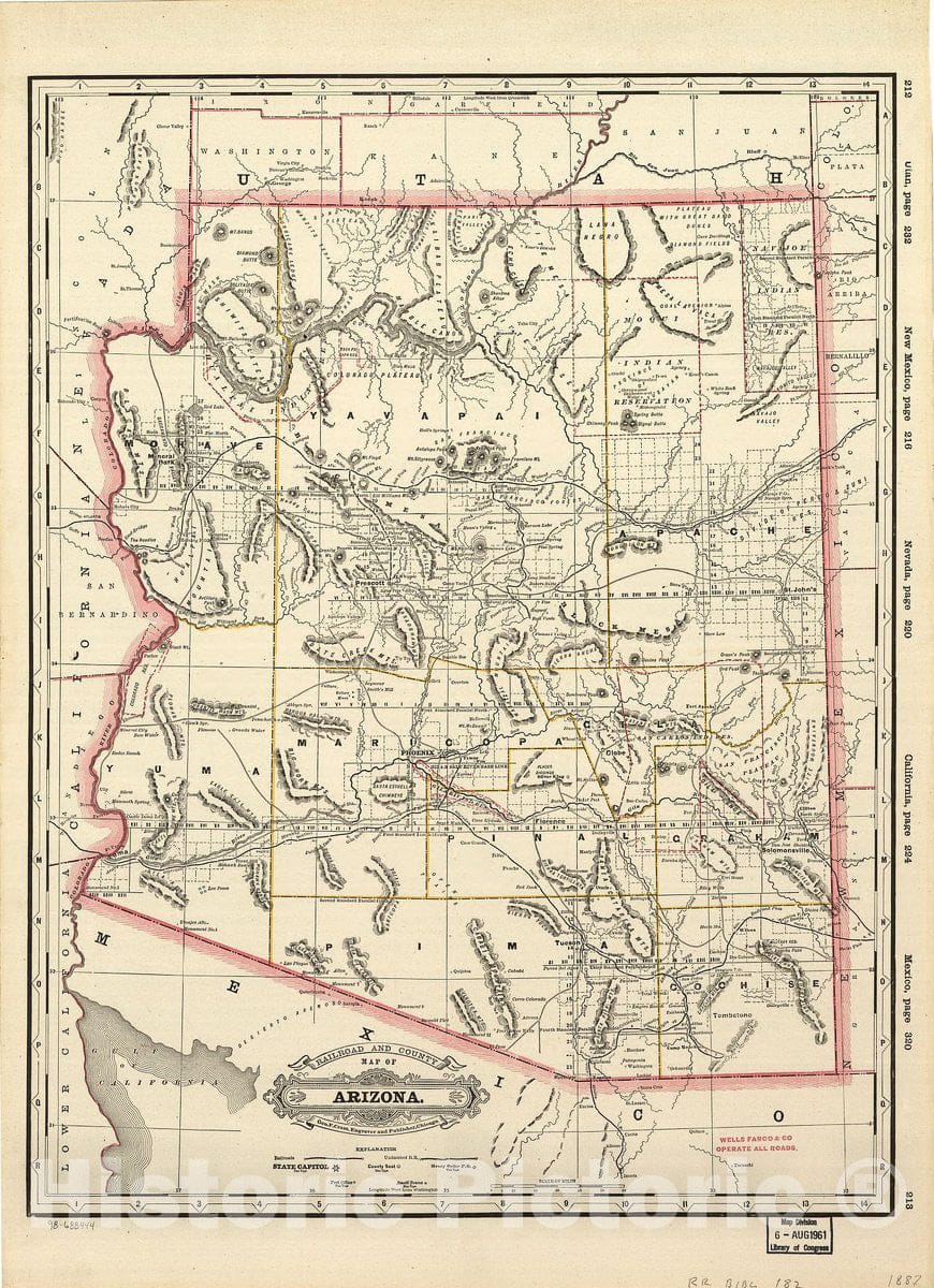 Historic 1887 Map - Railroad and County map of Arizona