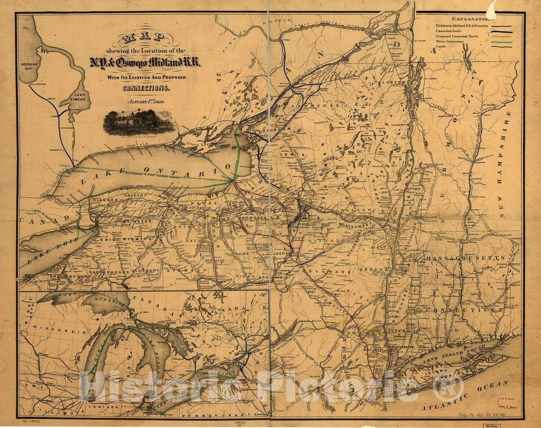 Historic 1869 Map - Map Showing The Location of The N.Y. & Oswego Midland R.R. with existing and Proposed Connection, January 1st 1869, by Van R. Richmond, State Engr. & Surv.