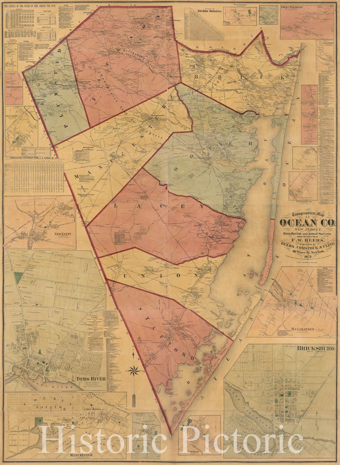 Historic 1872 Map - Topographical map of Ocean Co, New Jersey : from Recent and Actual surveys