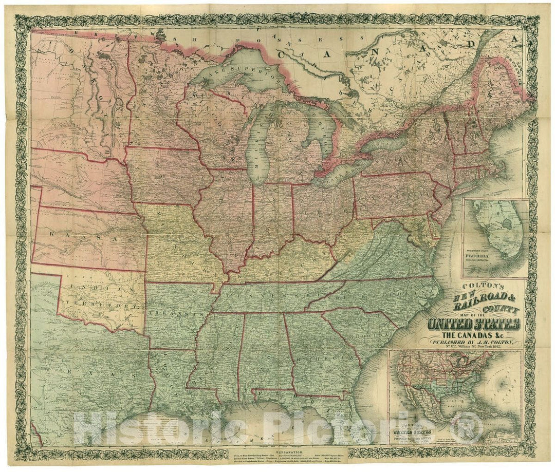 Historic 1862 Map - Colton's New Railroad & County map of The United States, The Canadas 1