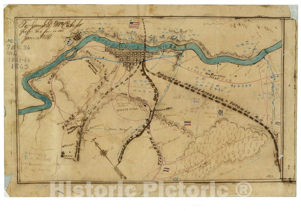 Historic 1863 Map - Battle-Field & Environs of The City of Fredericksburg.