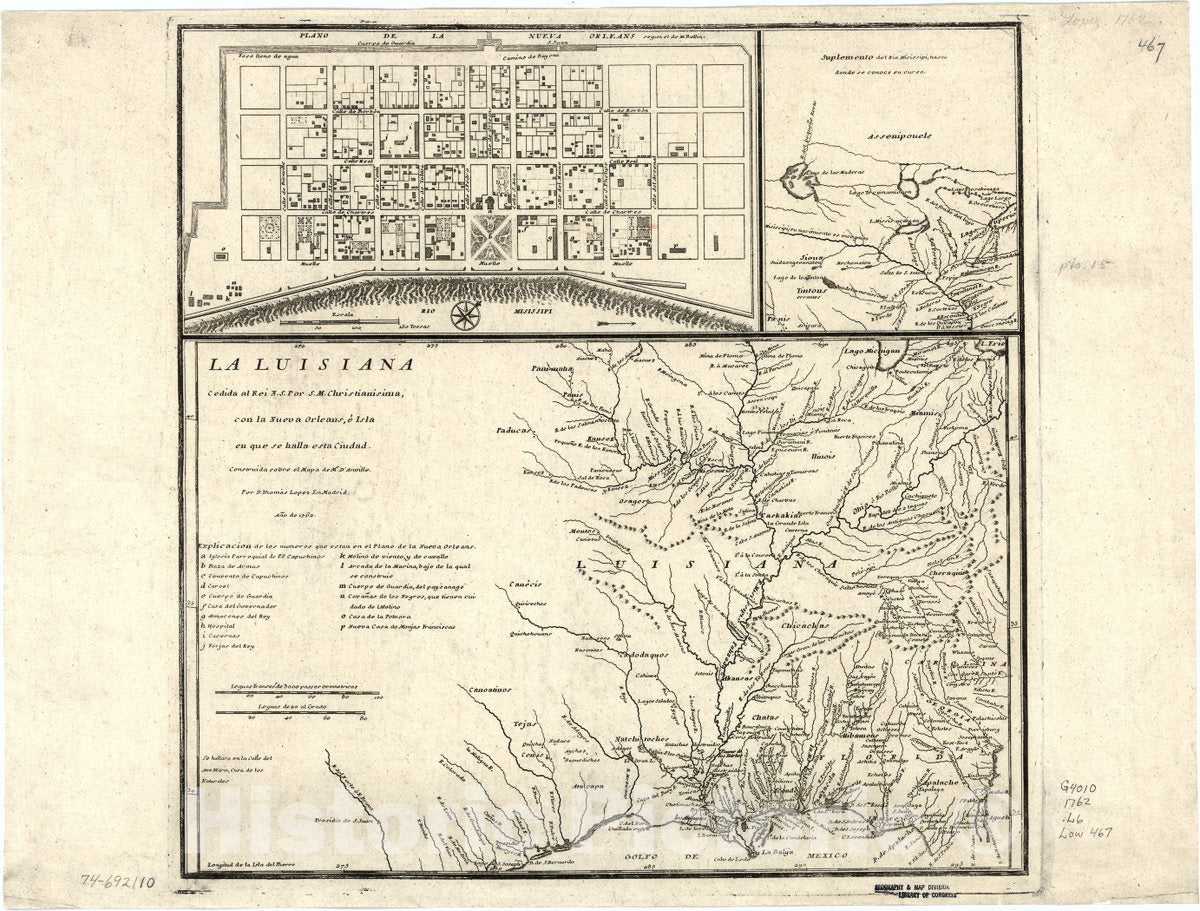 Historic 1762 Map - La Luisiana cedida al Rei N. S. por S. M. Christianisima, con la Nueva Orleans, Ã¨ isla en que se Halla esta Ciudad. Construida sobre el mapa de Mr. d'Anville.