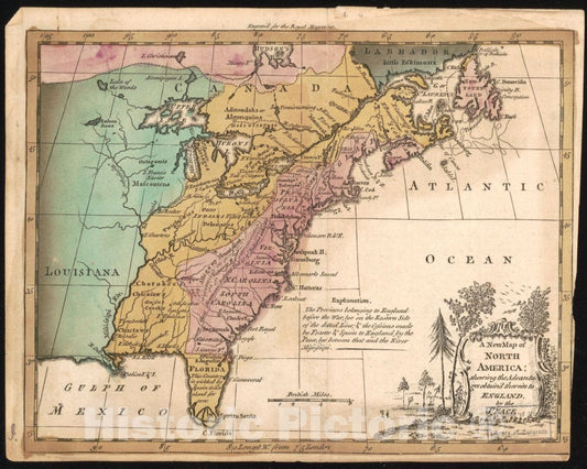Historic 1763 Map - A New map of North America, shewing The advantages obtain'd therein to England by The Peace