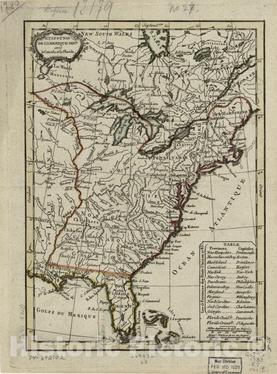 Historic 1780 Map - Ã‰tats-UNIS de l'AmÃ©rique seple. avec le Canada et la Floride.