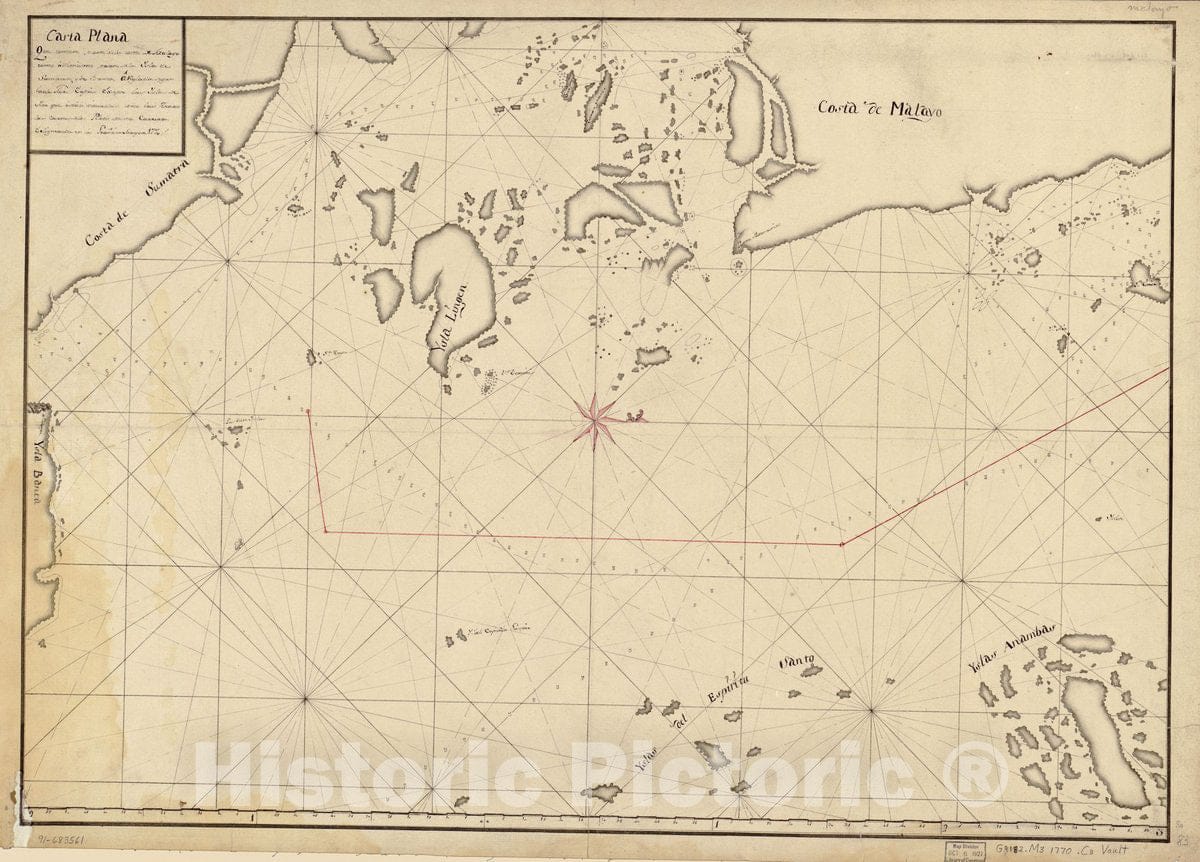 Historic 1770 Map - Carta Plana que contiene Parte de la Costa de Malayo Como asimismo Parte de la ysla de Sumatra y de Banca, a reglada segun Lade Tir.