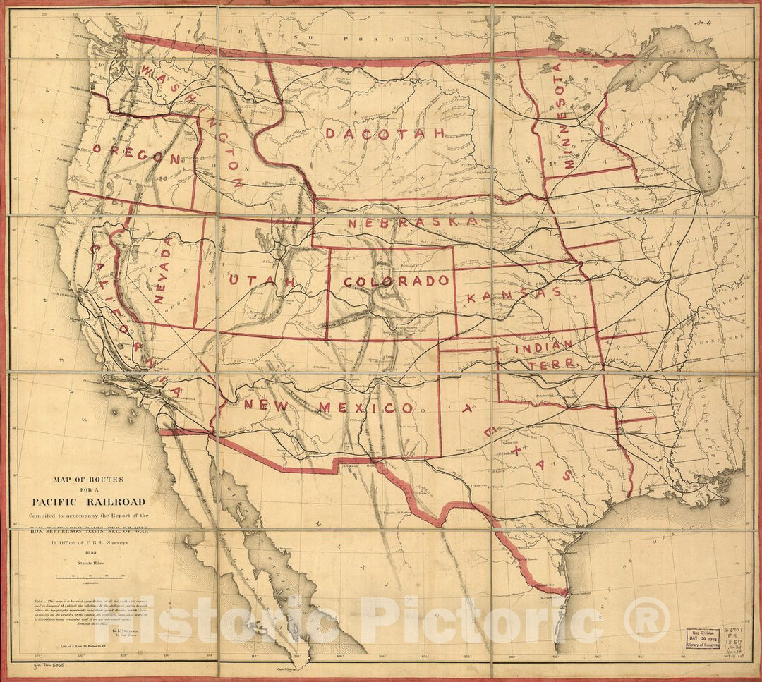 Historic 1855 Map - Map of Routes for a Pacific Railroad, compiled to accompany The Report of The Hon. Jefferson Davis, sec. of war.
