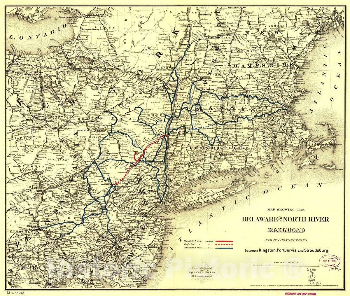 Historic 1890 Map - Map Showing The Delaware and North River Railroad and its Connections Between Kingston, Port Jarvis and Stroudsburg.