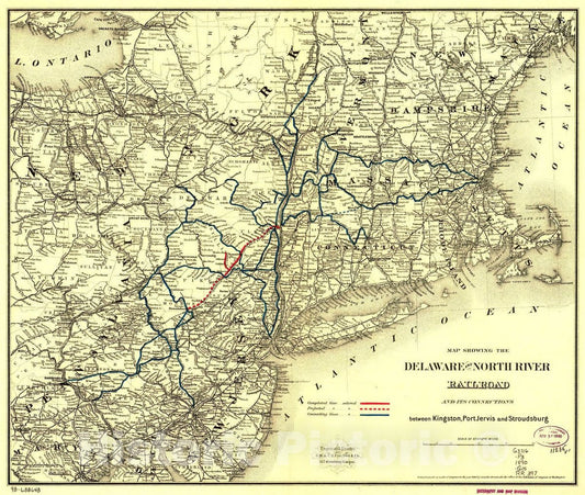 Historic 1890 Map - Map Showing The Delaware and North River Railroad and its Connections Between Kingston, Port Jarvis and Stroudsburg.