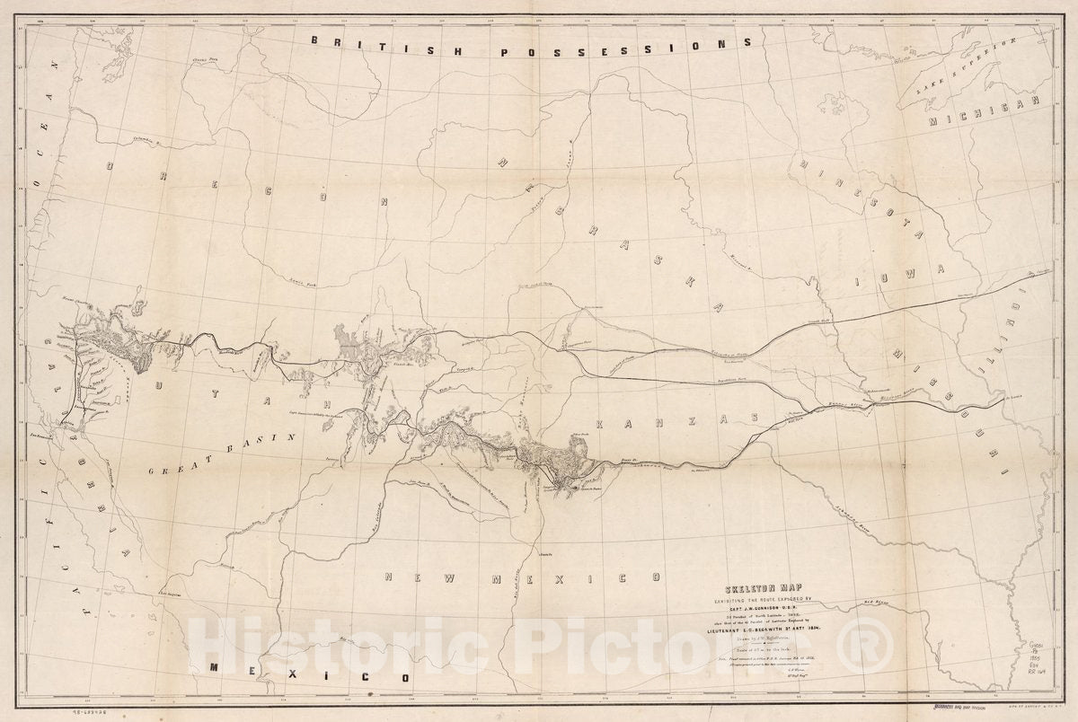 Historic 1855 Map - Skeleton map exhibiting The Route explored by Capt. J. W. Gunnison U.S.A, 38 Parallel of North Latitude (1853)
