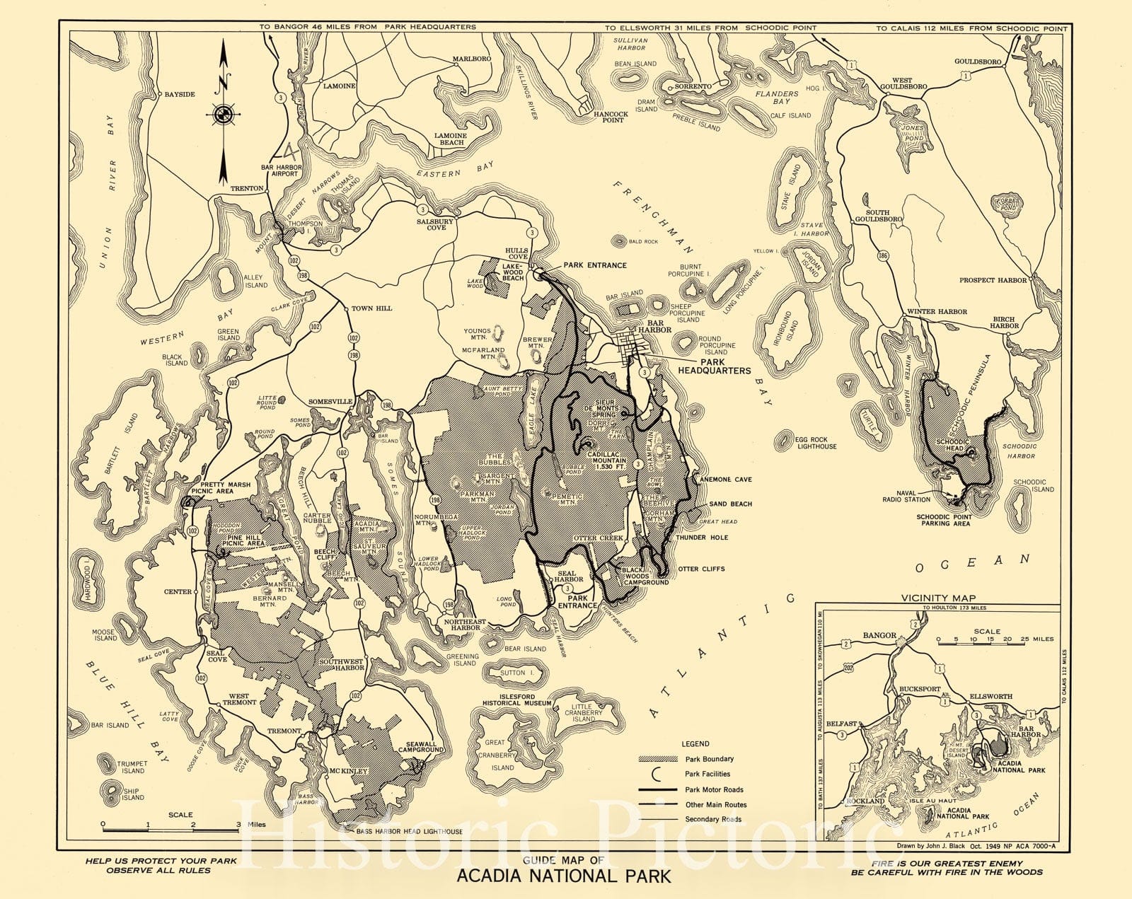 Historic 1949 Map - Guide Map of Acadia National Park.