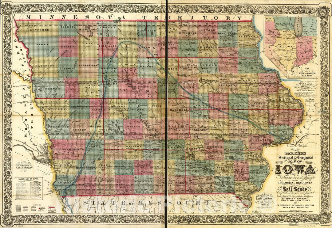 Historic 1856 Map - Parker's sectional & Geological map of Iowa exhibiting her Iron, Lead, Copper, Coal and Other Geological Resources and All Rail Roads Completed in Progress