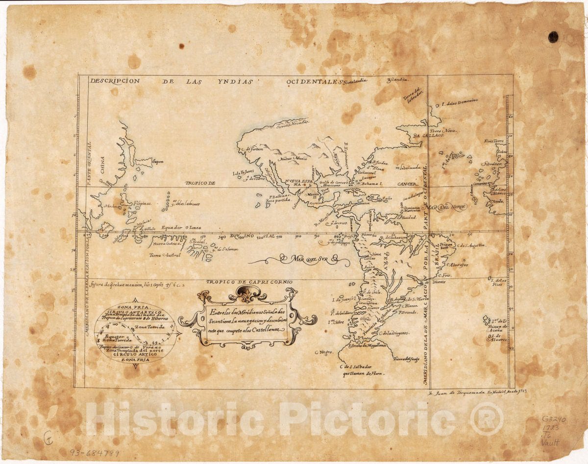 Historic 1723 Map - Entre Los dos meridianos senal a dos seconliene la navegaciÃ³n y desubrimtento que Compete a Los Castellanos