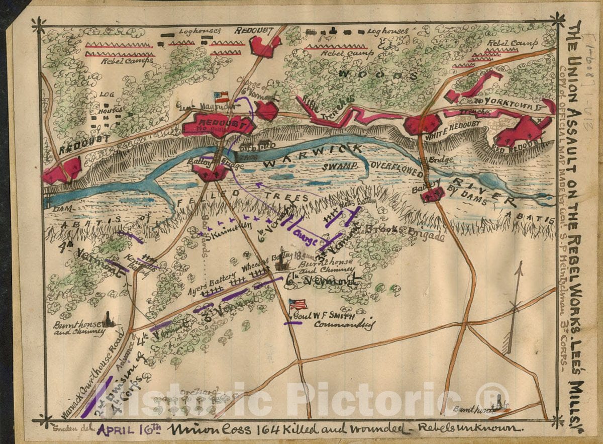 Historic 1862 Map - The Union Assault on The Rebel Works Lee's Mill Va.