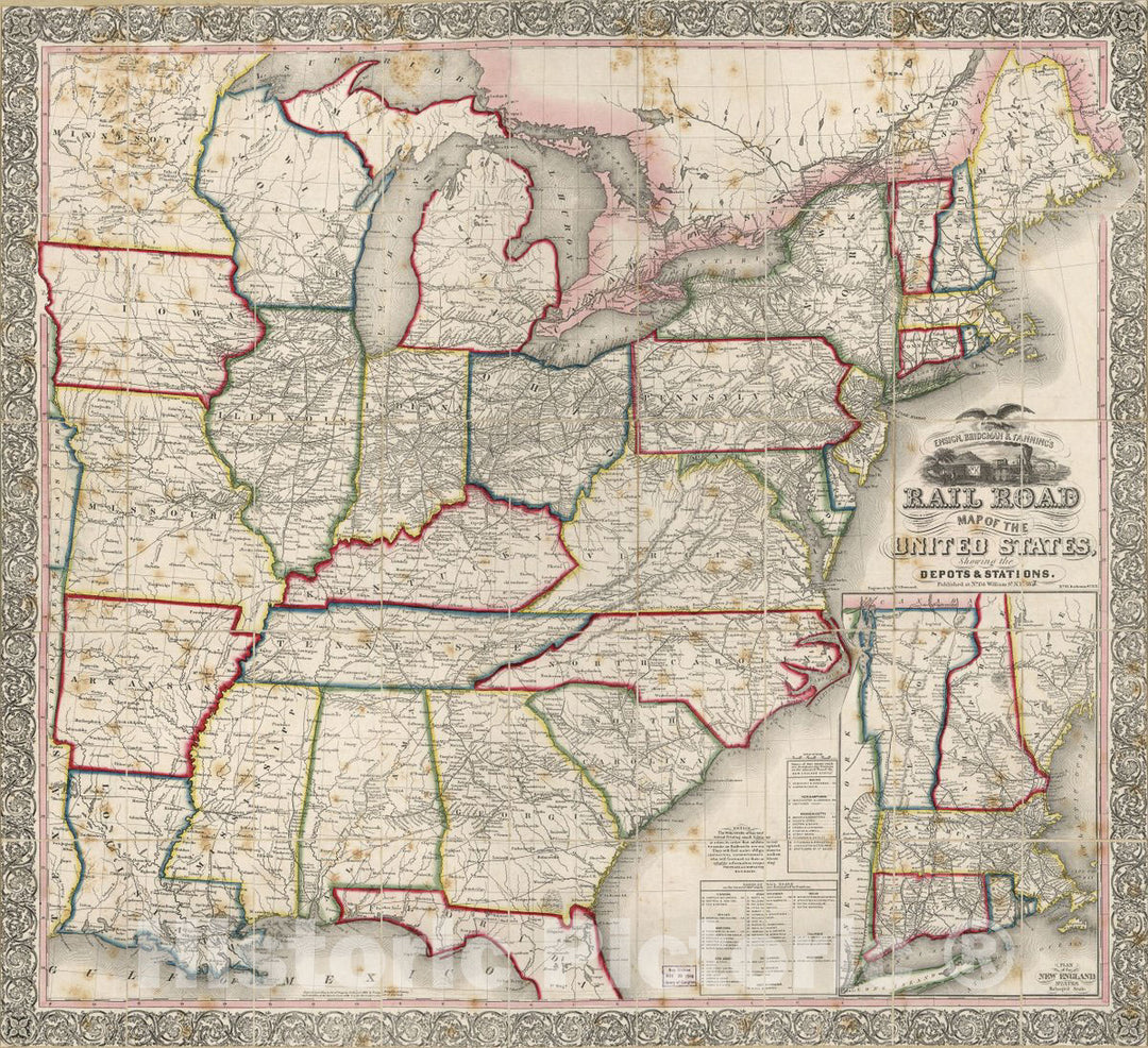 Historic 1856 Map - Ensign, Bridgman & Fanning's Rail Road map of The United States Showing The depots & Stations