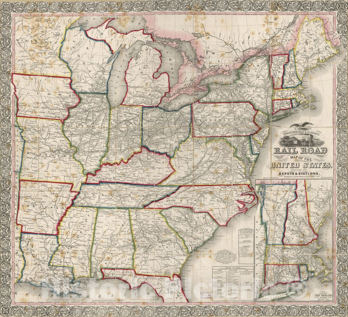 Historic 1856 Map - Ensign, Bridgman & Fanning's Rail Road map of The United States Showing The depots & Stations