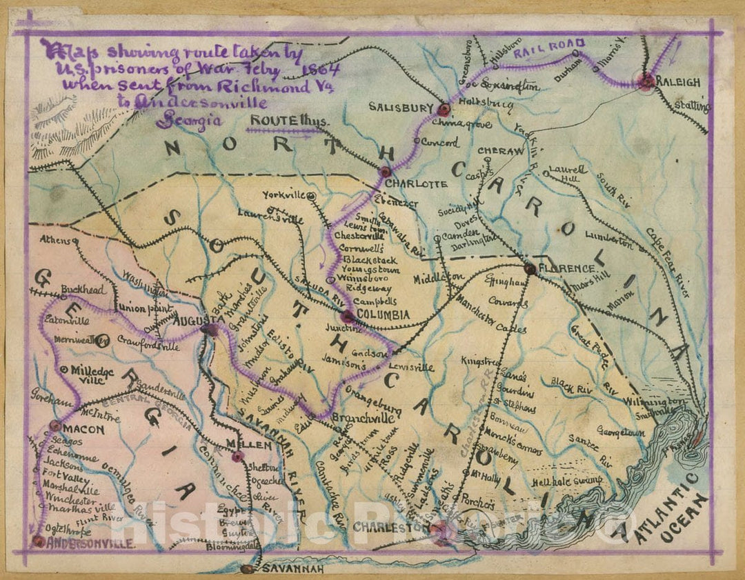 Historic 1864 Map - Map Showing Route Taken by U.S. Prisoners of war, Feby. 1864, When Sent from Richmond, Va, to Andersonville, Georgia.