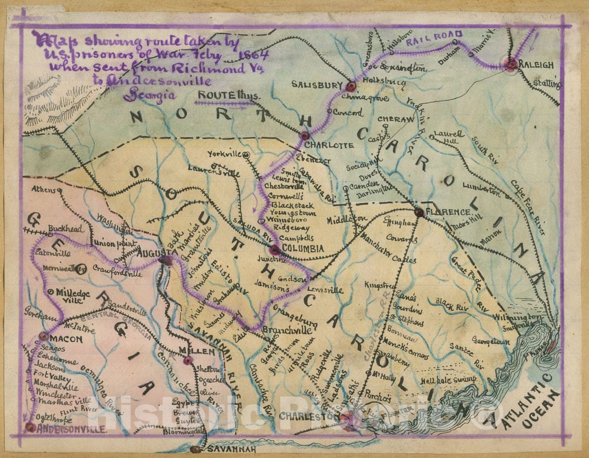 Historic 1864 Map - Map Showing Route Taken by U.S. Prisoners of war, Feby. 1864, When Sent from Richmond, Va, to Andersonville, Georgia.