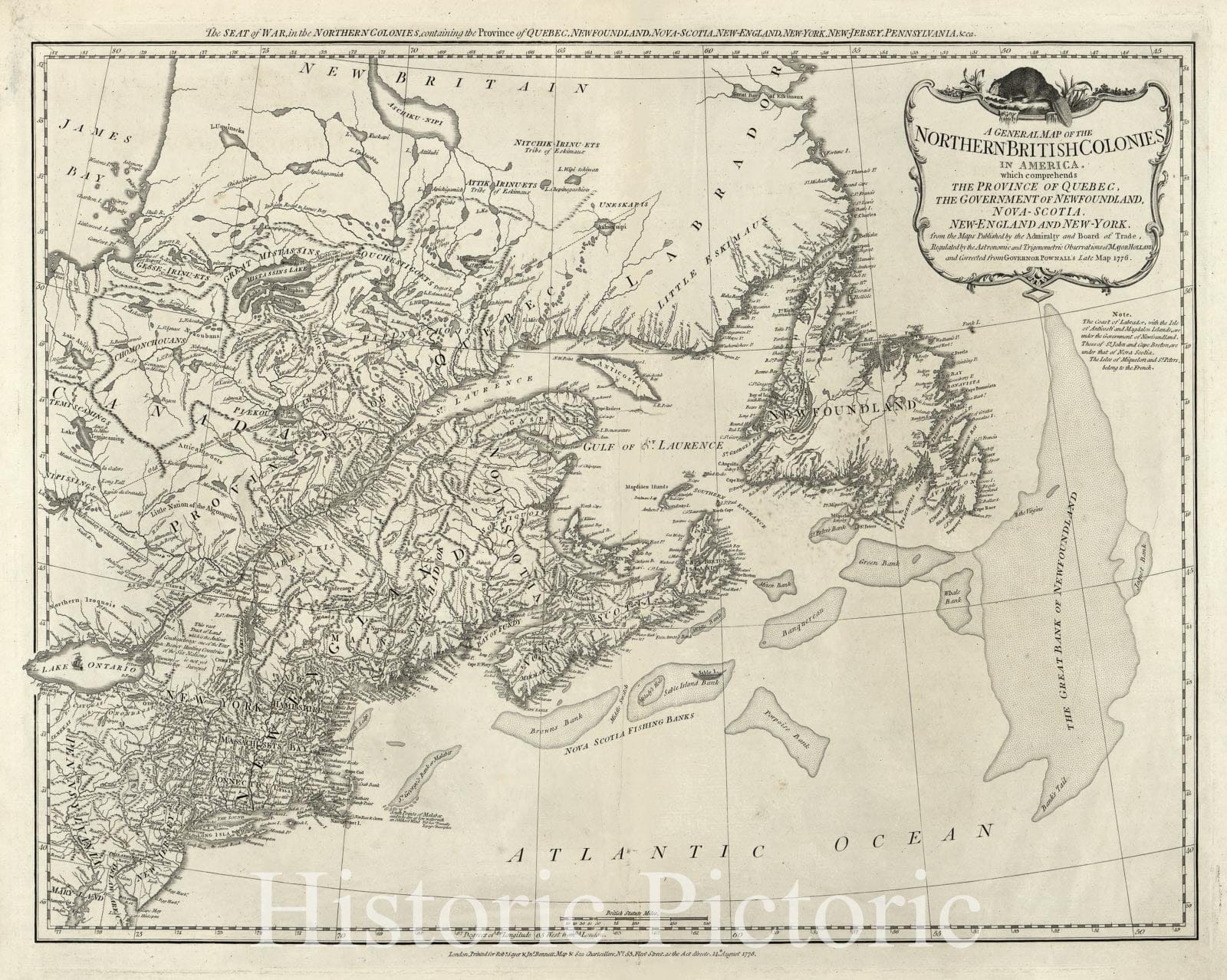 Historic 1776 Map - A General map of The Northern British Colonies in America, The Government of Newfoundland, Nova-Scotia, New-England and New-York.