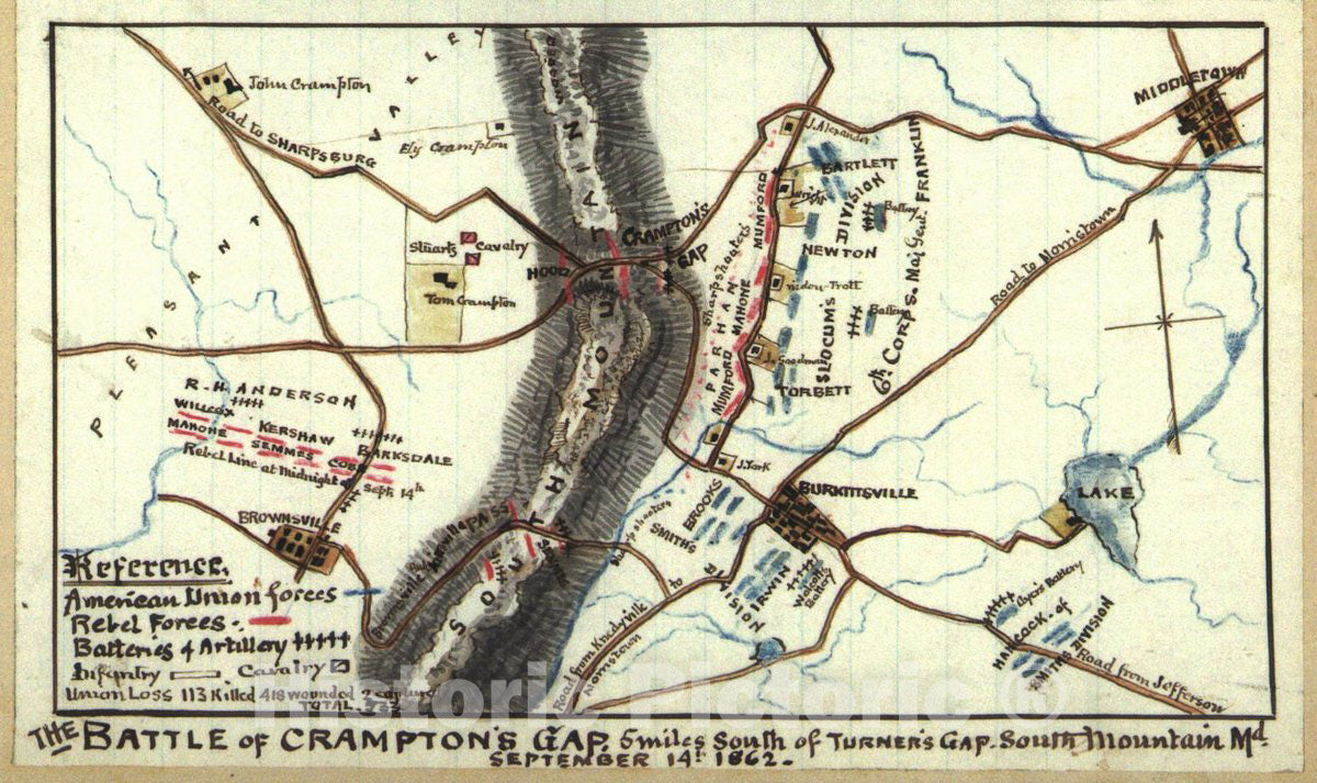 Historic 1862 Map - The Battle of Crampton's Gap 5 Miles South of Turner's Gap, South Mountain, Md. September 14th 1862.