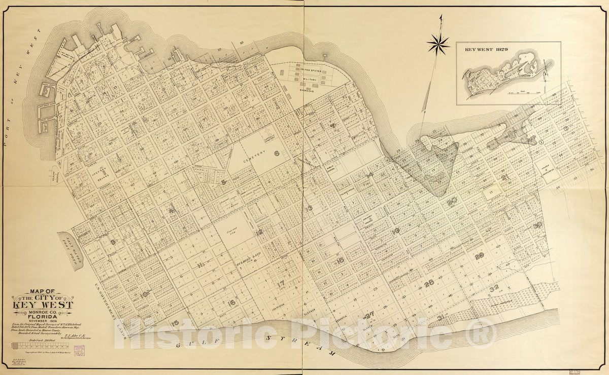 Historic 1908 Map - Map of The City of Key West, Monroe Co, Florida : from The Original maps and surveys of Wm. A. Whitehead Dated Feb. 1829, from Meets and Bounds Shown on The map