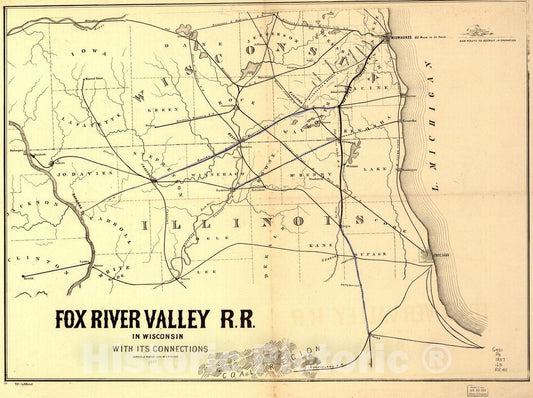 Historic 1857 Map - Fox River Valley R.R. in Wisconsin with its Connections.