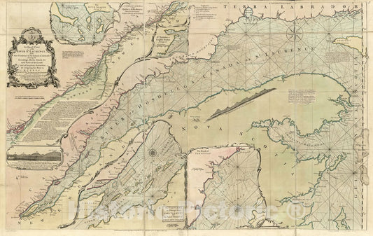 Historic 1771 Map - an Exact Chart of The River St. Laurence, from Fort Frontenac to The Island of Anticosti shewing The soundings, Rocks, Shoals &c with Views of The Lands