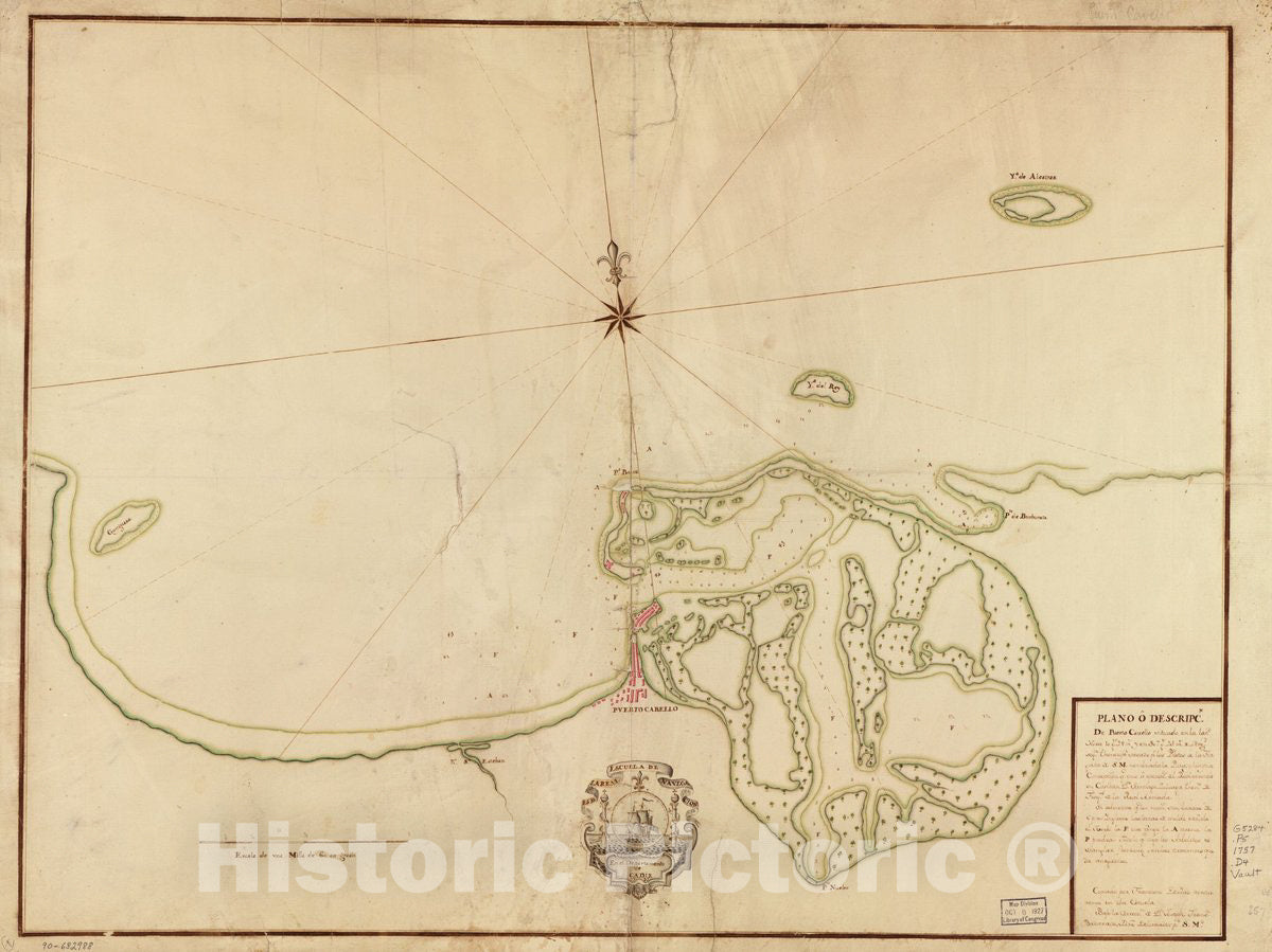 Historic 1757 Map - Plano o descripcn. de Puerto Cavello situado en la latd. Norte 10 gs. 28 ms. y en 307 gs. 25 ms. de longd. segn. Thenerife sacado pr.