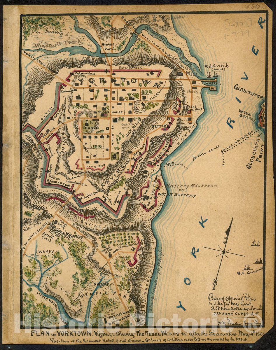 Historic 1862 Map - Plan of Yorktown, Virginia : Showing The Rebel Works After The Evacuation, May 4th, 1862.