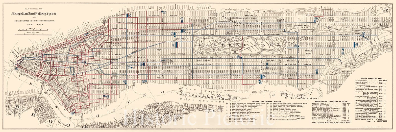 Historic 1899 Map - Map Showing The Metropolitan Street Railway System and Lines Operated in Connection therewith : 232.07 Miles : Borough of Manhattan, New York City