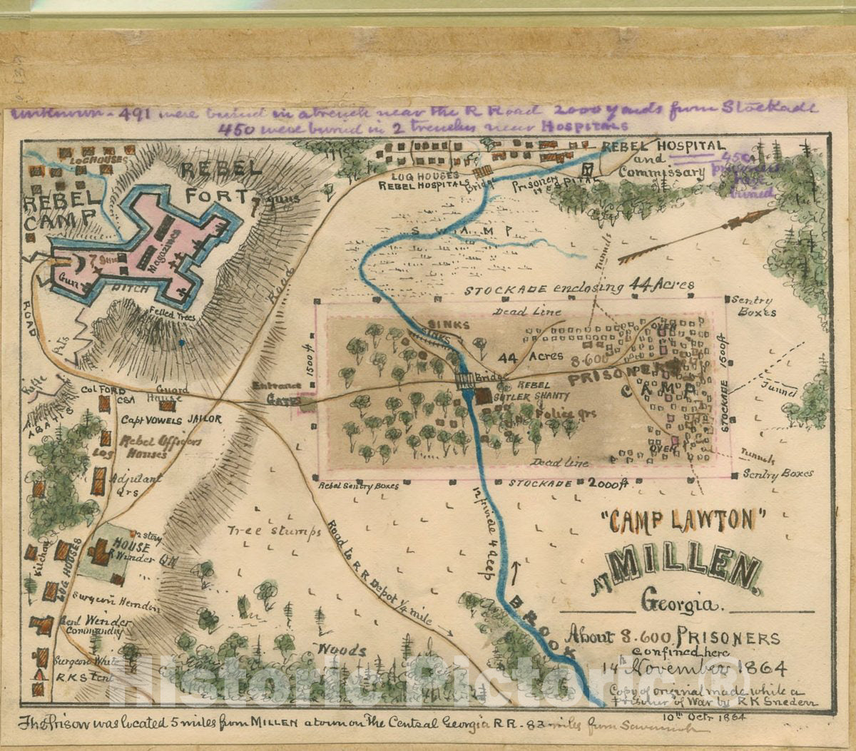 Historic 1864 Map - Camp Lawton at Millen, Georgia : About 8,600 Prisoners confined here 14th November 1864.