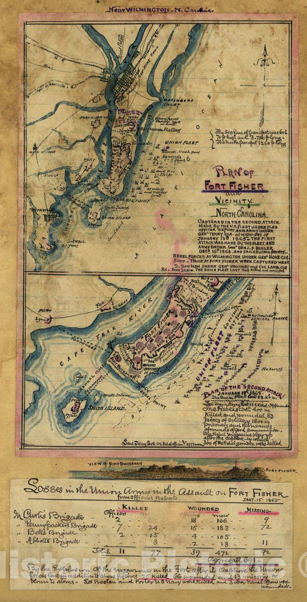 Historic 1864 Map - Plan of Fort Fisher and Vicinity, North Carolina. Plan of Second Attack, January 15th, 1865.