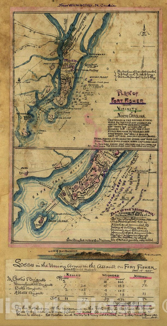 Historic 1864 Map - Plan of Fort Fisher and Vicinity, North Carolina. Plan of Second Attack, January 15th, 1865.