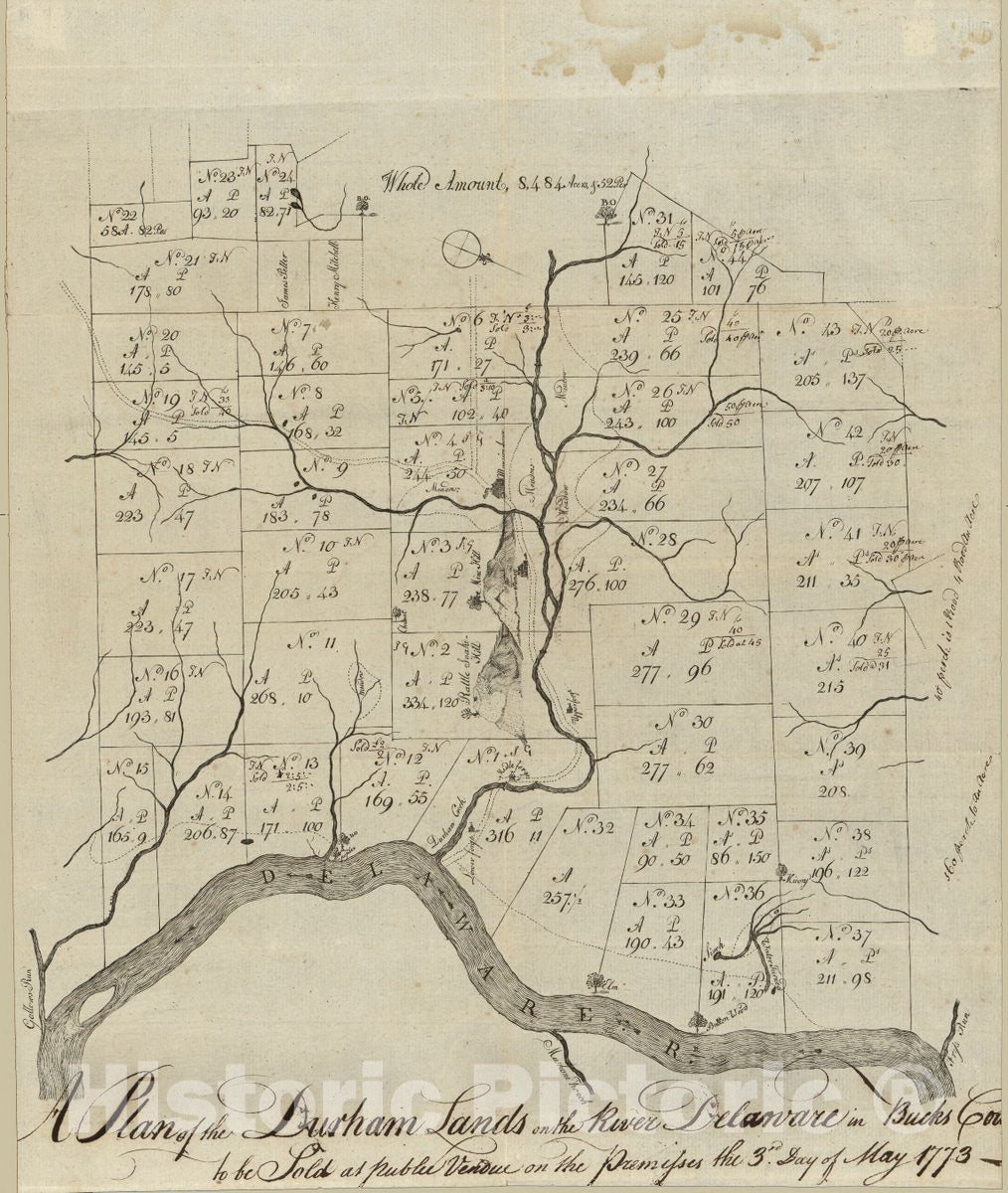 Historic 1773 Map - A Plan of The Durham Lands on The River Delaware in Bucks County : to be Sold at Public Vendue on The premisses The 3rd Day of May 1773.