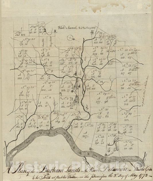 Historic 1773 Map - A Plan of The Durham Lands on The River Delaware in Bucks County : to be Sold at Public Vendue on The premisses The 3rd Day of May 1773.