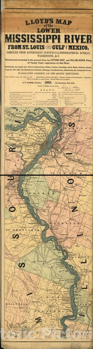 Historic 1862 Map - Lloyd's map of The Lower Mississippi River from St. Louis to The Gulf of Mexico; compiled from Government surveys in The Topographical Bureau, Washington, D.C.