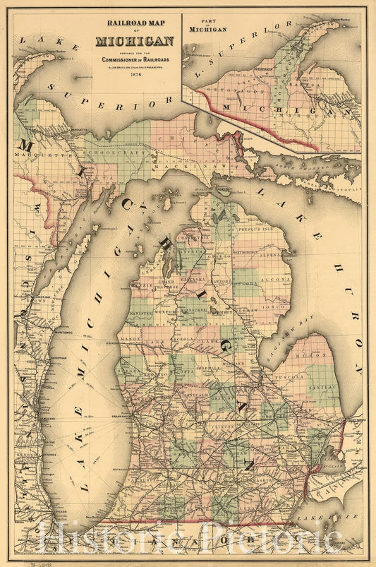 Historic 1876 Map - Railroad map of Michigan Prepared for The Commissioner of Railroads.