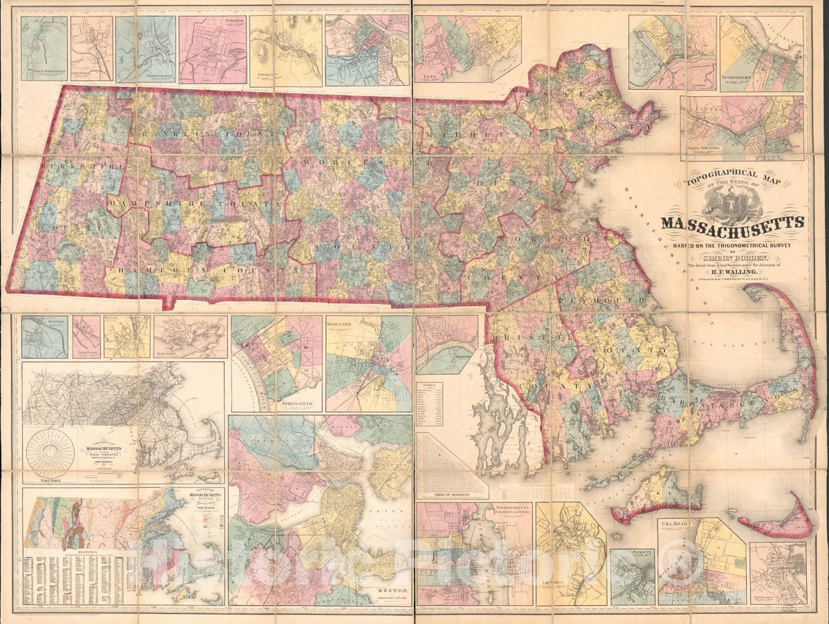 Historic 1861 Map - Topographical map of The State of Massachusetts