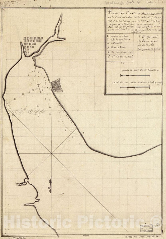 Historic 1725 Map - Plano del Puerto de Matanzas situado en la Costa del Norte de la ysla de Cuba en 2310 de latid. Norte y en la 29340 de la longd. segun el meridiano de Thenerife.
