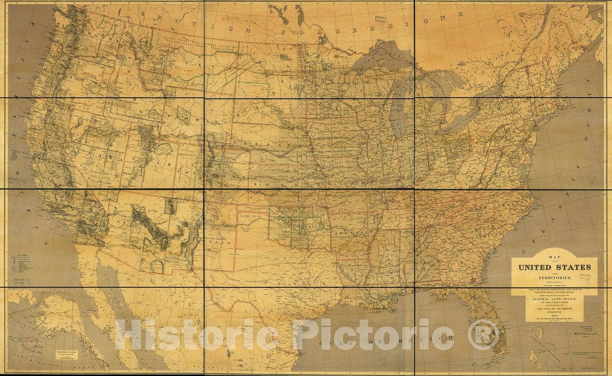 Historic 1873 Map - Map of The United States and Territories Showing The Extent of Public surveys, Indian and Military Reservations, Land Grant R.R; Rail Roads, canals, and Other Details