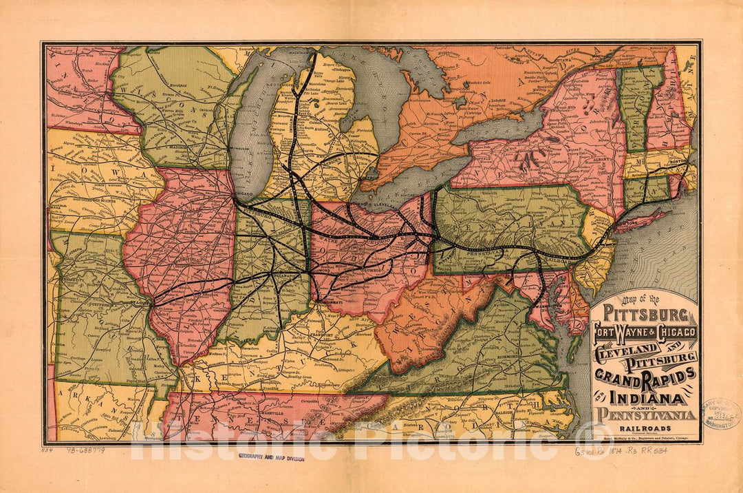 Historic 1874 Map - Map of The Pittsburg sic, Fort Wayne & Chicago, Cleveland and Pittsburg sic, Grand Rapids and Indiana, and Pennsylvania Railroads.