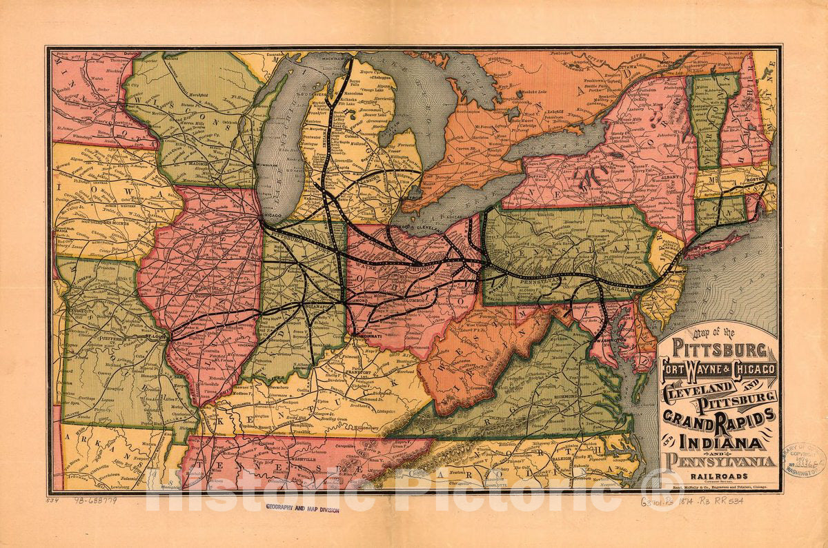 Historic 1874 Map - Map of The Pittsburg sic, Fort Wayne & Chicago, Cleveland and Pittsburg sic, Grand Rapids and Indiana, and Pennsylvania Railroads.