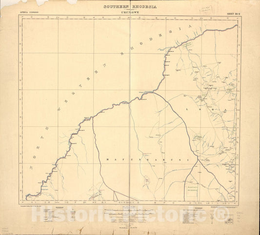 Historic 1909 Map - Southern Rhodesia, Africa.